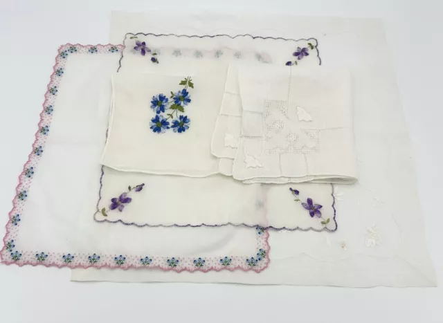 Vintage Hand Embroidered Floral Handkerchiefs Blue Purple Pink Green - Set of 5