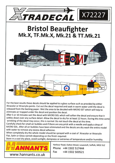Xtra Decals 1/72 BRISTOL BEAUFIGHTER Mk.X TF.Mk.X Mk.21 & TT.Mk.21