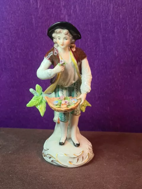 Vintage Sitzendorf Porcelain Figurine Hand Painted Man with Flowers