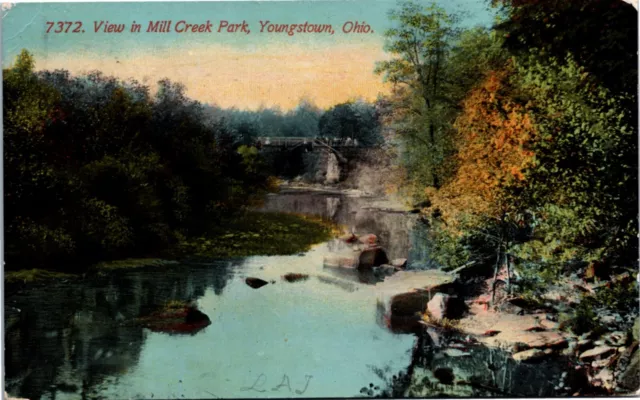 Postcard OH Youngstown View in Mill Creek Park Bridge 1912 B4