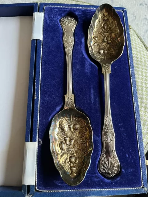 Cased Pair Beautiful Silver Plated Berry Serving Spoons,