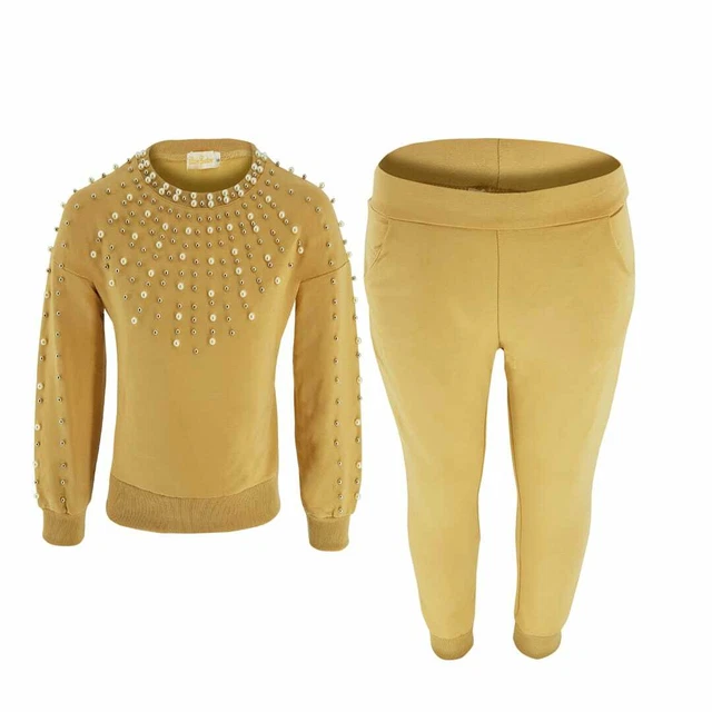 Girls Kids Lounge Set Lounge Wear Pearl Attached Jumpsuit Track Suit UK 2-12 Yrs