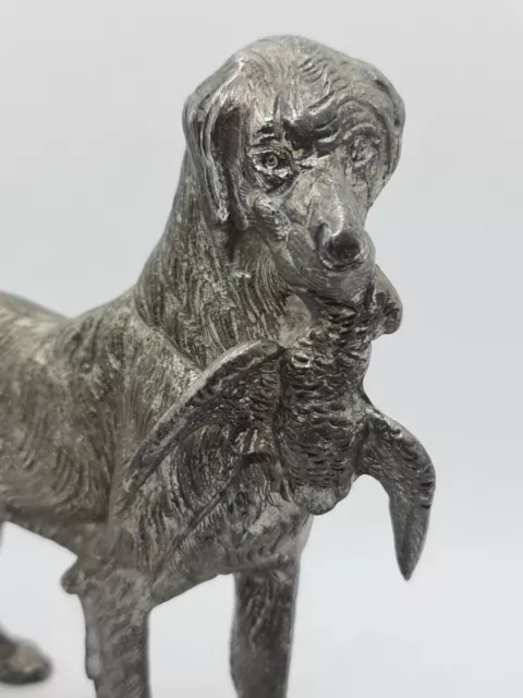 Vintage Solid Metal Hunting Dog With Pheasant Figurine Statue Setter Retriver 2