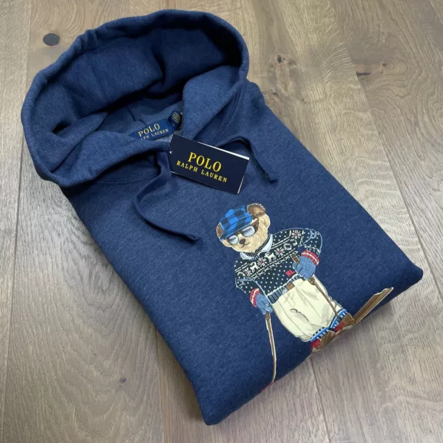 Felpa con cappuccio in cotone nuova con etichette polo Ralph Lauren blu navy stampa orso sci piccola prezzo di zecca £170