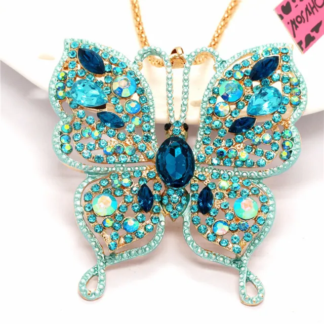New Fashion Women Cute Rhinestone Blue Butterfly Crystal Pendant Chain Necklace