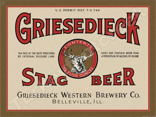 Griesedieck Stag Beer Label Griesedieck Western Brewery Co. 18" x 24" Metal Sign