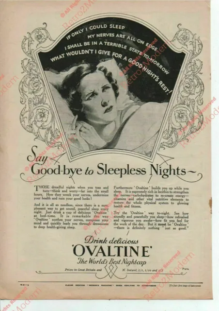 Ovaltine "Sleepless nights" 1930s A4 Full size Magazine Advert Retro Vintage