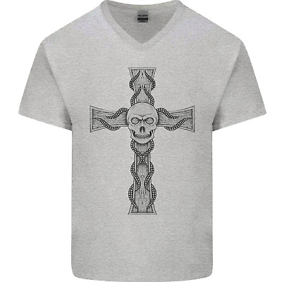 A Gothic Skull and Tentacles on a Cross Mens V-Neck Cotton T-Shirt