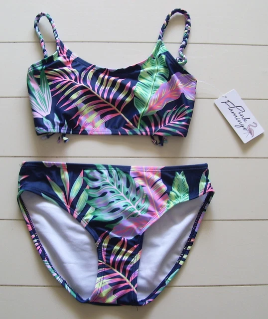 Girls Pink Flamingo 2 Pc Tropical Print Lined Bikini Swimsuit Sz S 7-8 or M 8-10