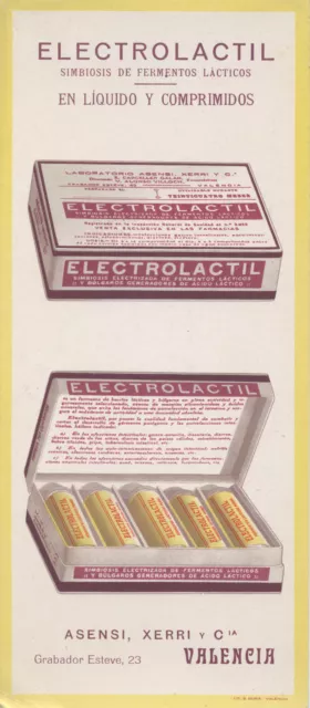 Papel secante con publicidad de Electrolactil, simbiosis de fermentos lácticos.