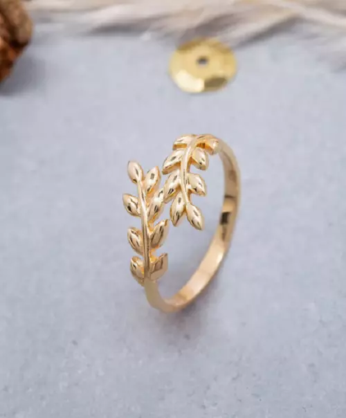 Double Branch Leaf Design In Solid 10K Yellow Gold Cuff Style Band Ring