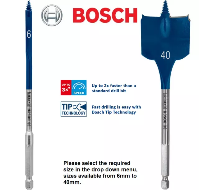 Bosch Flat Spade Wood drill Bit 1/4" Hex Shank Speed Cut Threaded Tip 6mm - 40mm