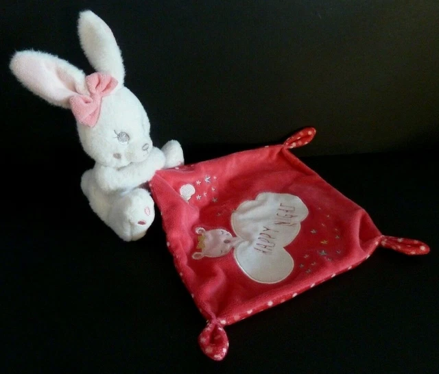 *. DOUDOU PELUCHE SIMBA LAPIN BLANC ROSE BLANC MOUCHOIR happy night - ETAT NEUF* 3