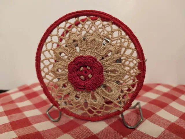 Vintage Handmade Crochet Napkin Letter Holder Metal 1950s-1960s cottage retro