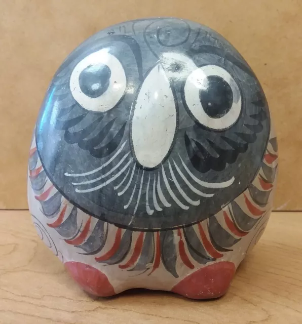 TONALA Mexican 4" Pottery OWL BIRD scene Burnished Hand Painted FOLK ART