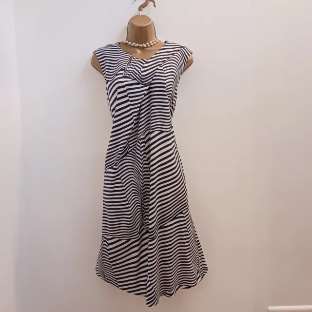 Cos Navy Blue White Striped Dress Geometric Striped Cotton Blend UK 14 EUR 42