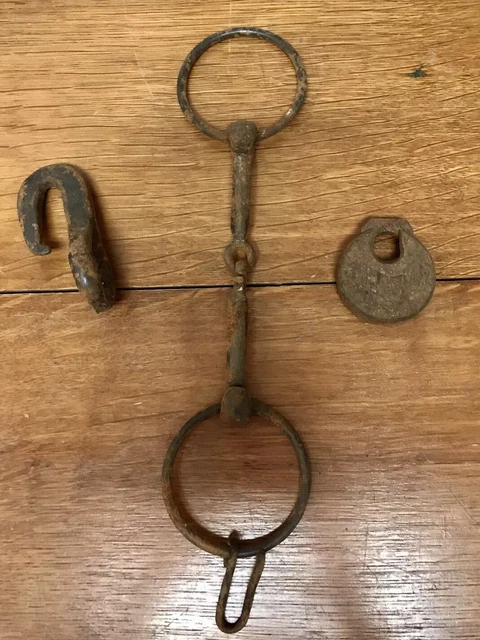 3 Antique Primitive Forged Iron Padlock Hook Tack Blacksmith Old Vintage 1800s