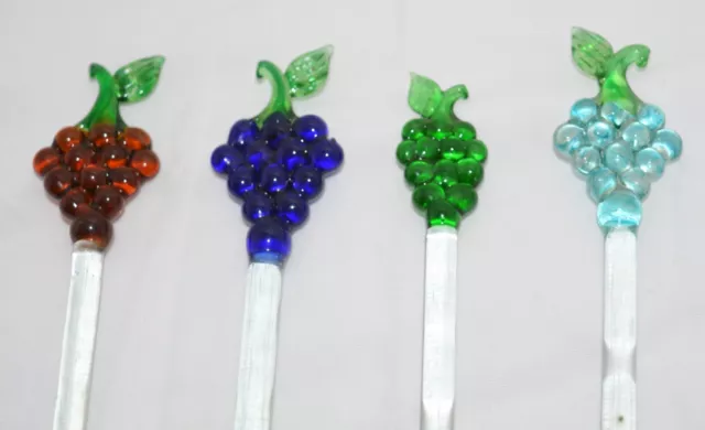 VTG Glass Swizzle Stir Sticks (4) Grapes & Vines 9" 3