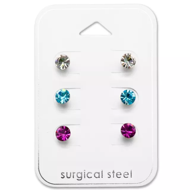 Stainless Steel 3 Pairs Lot Small 5mm Assorted Crystal Stud Earrings 2452