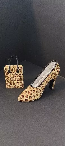 Cheetah-print  High Heel Shoe Resin 3.25"x2.50" & Smaller Matching Bag Figurines