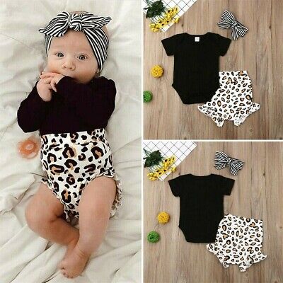 Newborn Infant Baby Girl Clothes Set Romper Tops Leopard Shorts Summer Outfits