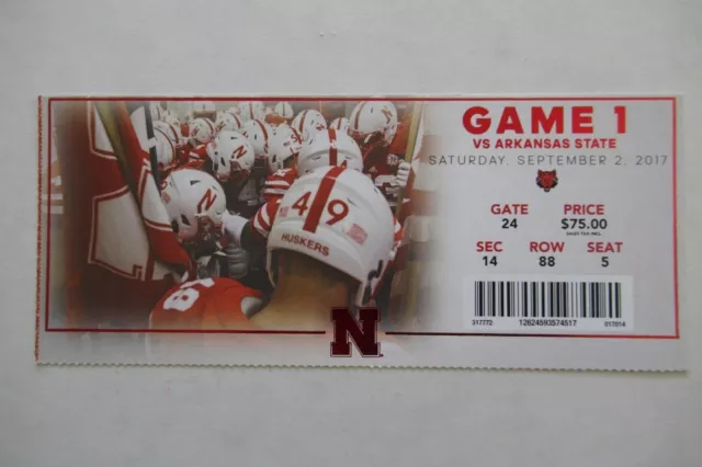 Nebraska Cornhuskers Vs Arkansas St. Red Wolves 9/2/2017 Full Ticket