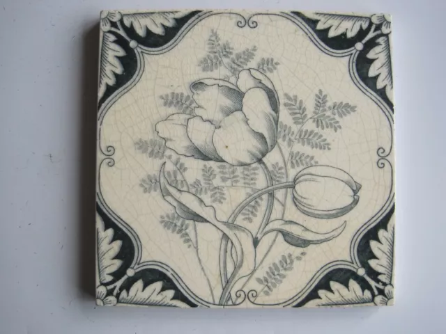 ANTIQUE VICTORIAN MINTONS FLORAL TRANSFER PRINT WALL TILE  TULIPS c1868 - 1900