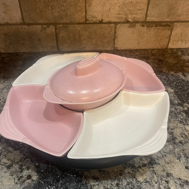 VINTAGE MCM CALIFORNIA Pottery 7 Piece Lazy Susan Pink &Cream Relish