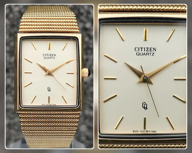 80S VINTAGE WATCH CITIZEN CQ Quartz Slim Rectangular Dial Gold