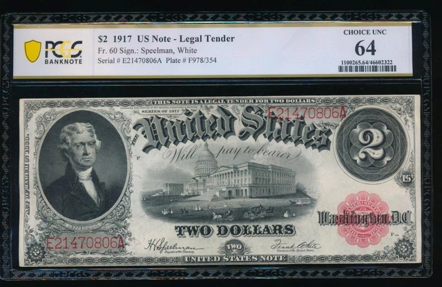 AC Fr 60 1917 $2 Legal Tender PCGS 64 uncirculated !!