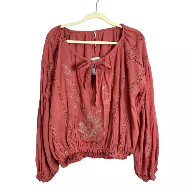 Free People Maria Maria Lace Blouse Womens Size S Coral Embroidered Peasant Top