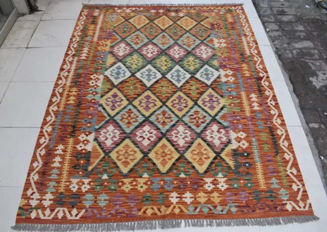 5'1 x 6'5 Handmade afghan tribal khotrang wool area kilim rug, 5x7 persian rug