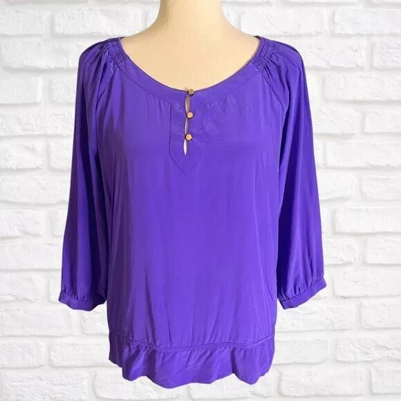 Shoshanna Silk Purple Blouse Round Neck Size 4 3/4 Long Sleeve Gold Buttons