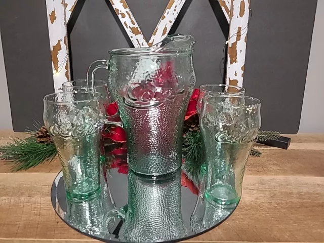 Coca Cola Pitcher and 4 Large Drinking Glasses. Green pebble glass