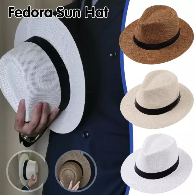 Straw Sun Hat - Panama Cowboy Cap Flat Brim Hat Mens Ladies & Travel 4R6T