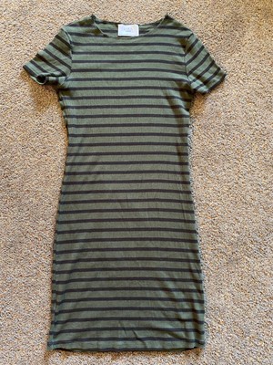Zara Trafaluc TRF Olive Green Black Striped Dress Sz Medium EUC!