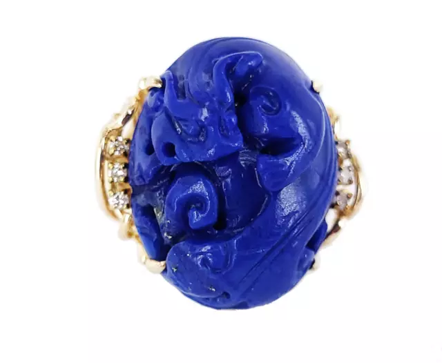 Vintage 14k Oro Tallado Fu Perro Lapis Lazuli Diamante Mcm Tendencia Anillo 6.5