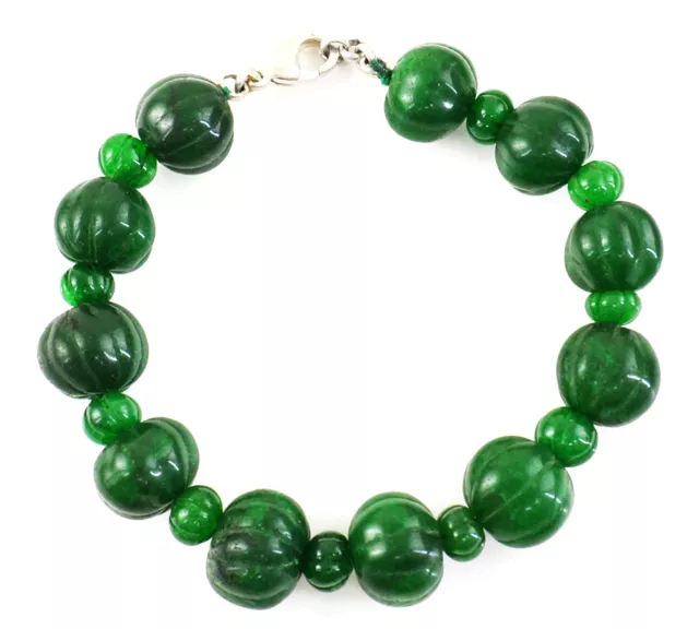 255.00 Cts Earth Mined Green Emerald Round Shape Carved Beads Handmade Bracelet