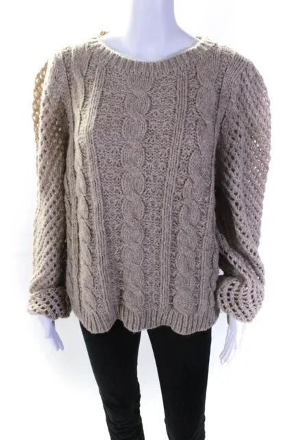 Love Shack Fancy Womens Brown Alpaca Cable Knit Pullover Sweater Top Size M
