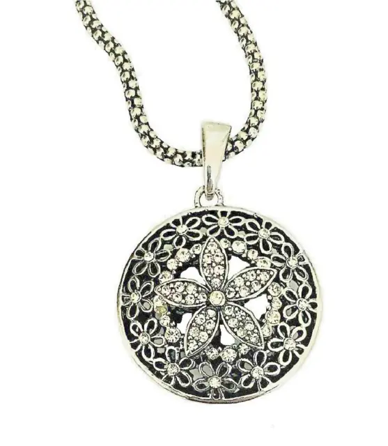 Antique Silver Vintage Style Filigree Flower Round Necklace Pendant Gift for Her
