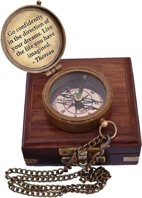 Brass Compass Nautical Antique Vintage Pocket Gift Vintage Maritime Wooden box