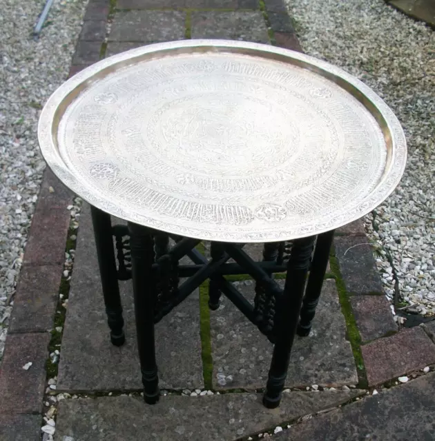 Antique Islamic  Ebonised Folding Side Table With  Brass Tray Top