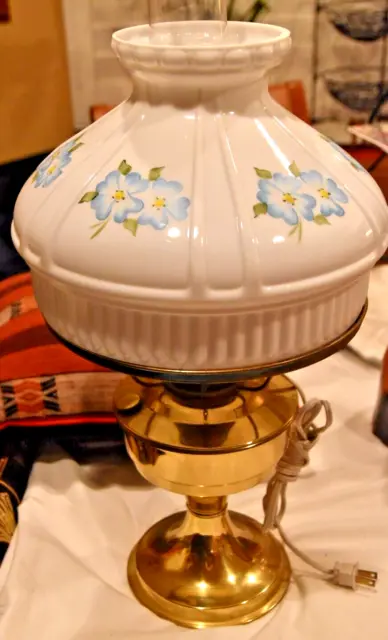 New Brass Electrified Aladdin Oil Lamp W/Glass Shade & Blue Flowers Vintage