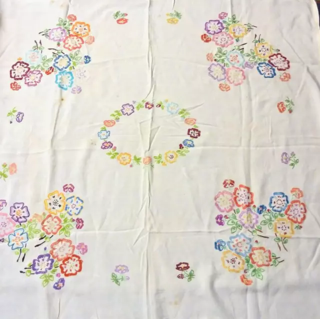 Lovely Large 1950S Tablecloth Colourful Embroidered Flowers Tea Table Cloth