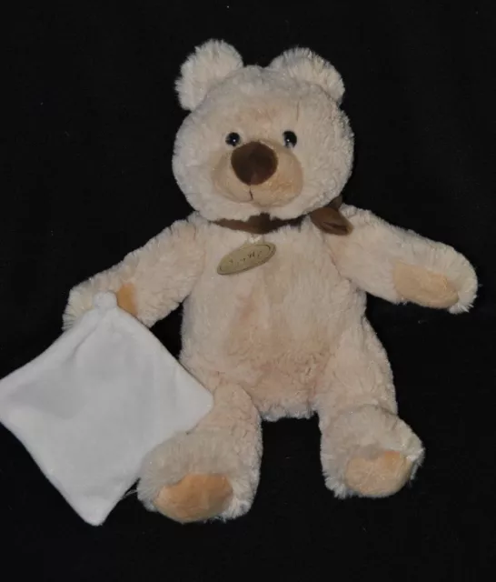 Peluche doudou ours beige BABY NAT' mouchoir double blanc écharpe 25 cm NEUF