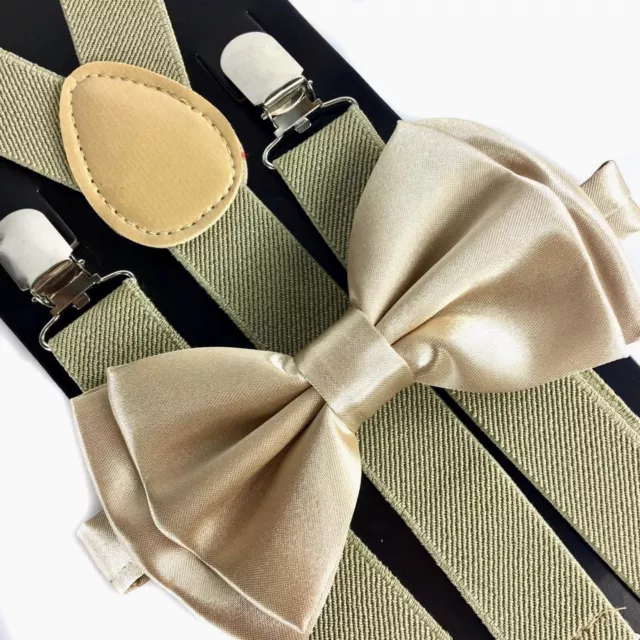 Champagne Gold Suspender + Clip on Bow-Tie Matching Set for Adults Men Women