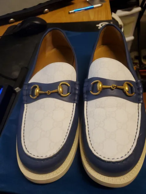 Men’s GUCCI Loafer With Horsebit In Blue & White Leather US size 10 no Box