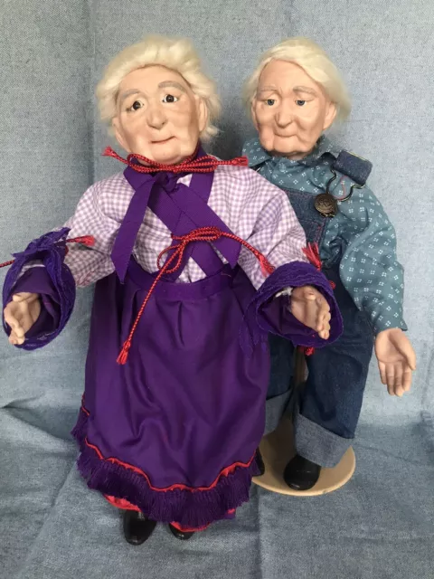 Grandma & Grandpa OOAK Porcelain Dolls Hand Made OshKosh Overalls 17” W Stands