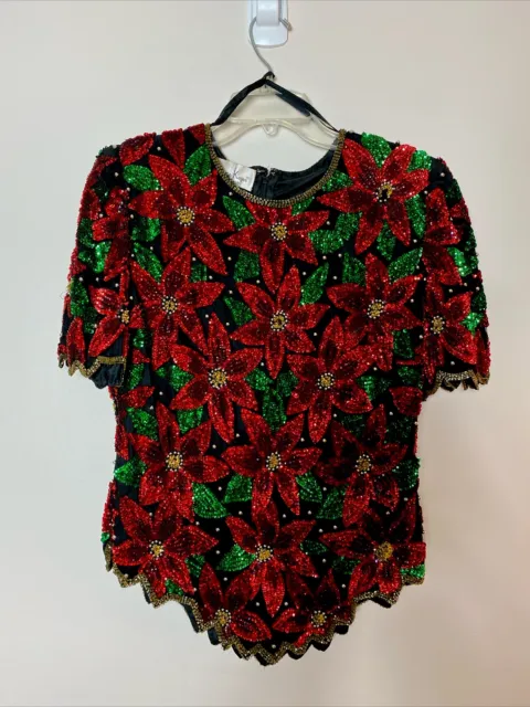 Laurence KAZAR Silk Short Sleeve Blouse Sequined Poinsettias GOLD BEADWORK PM