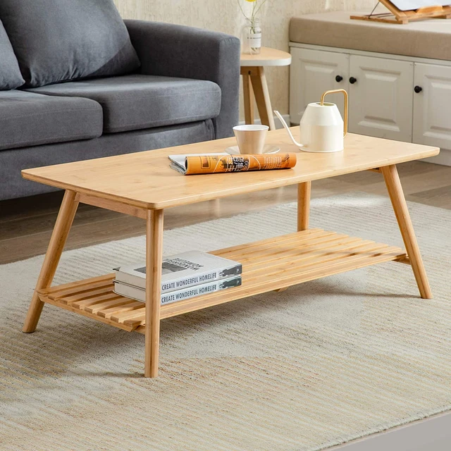 Coffee Table Foldable Bamboo Mid Century Desk TV Stand with Open Storage Shelf C